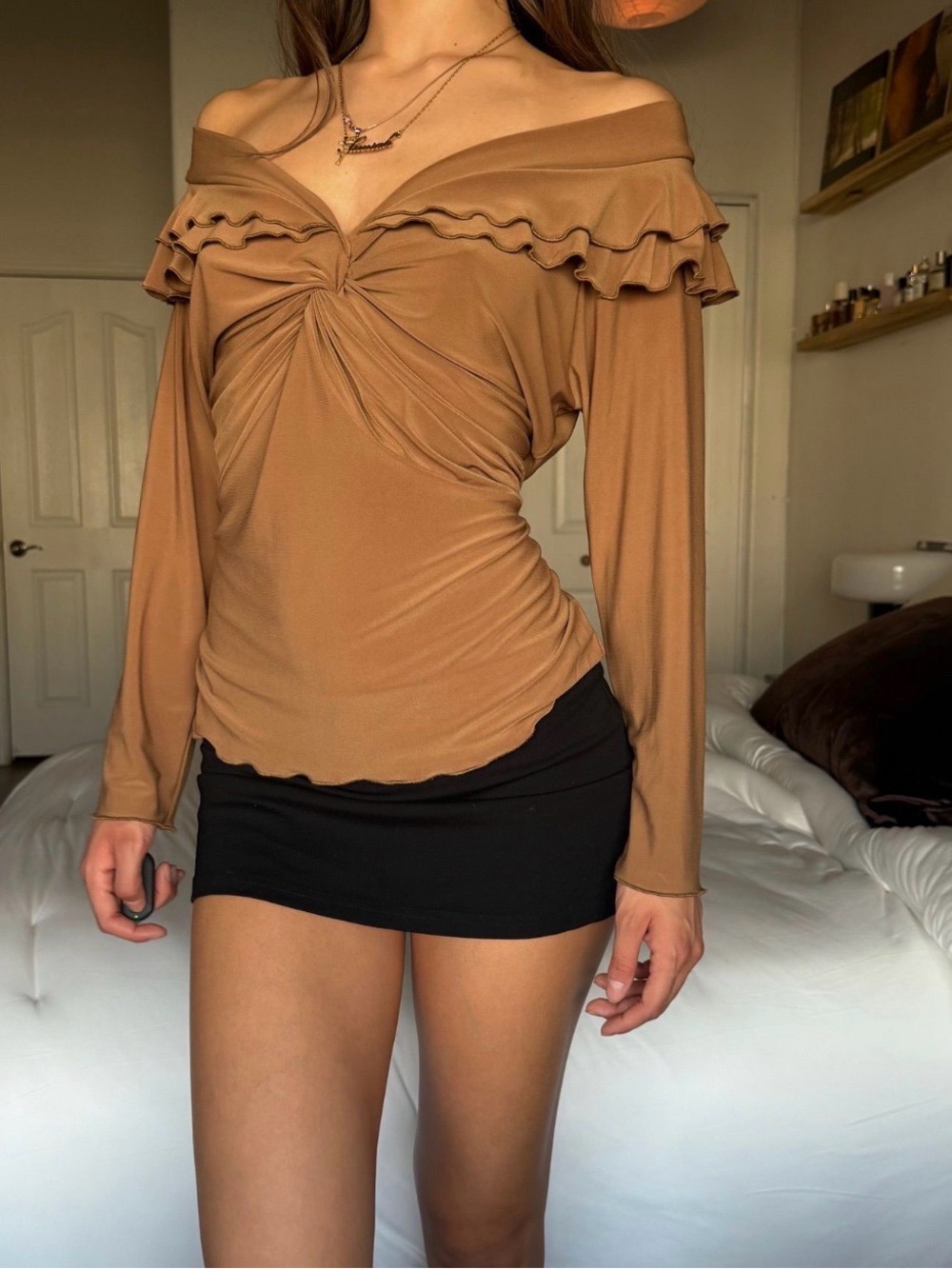 Off-Shoulder Ruffle Twist Front Long-Sleeve Top - Brown